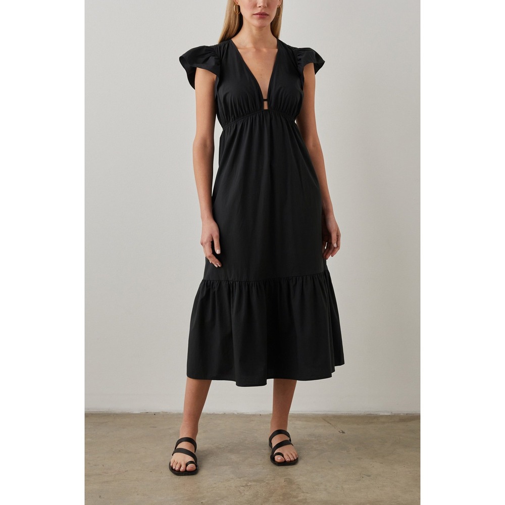 Rails Tina Dress‎ Black Midi Ruffle Sleeve V Neck Women's XXS